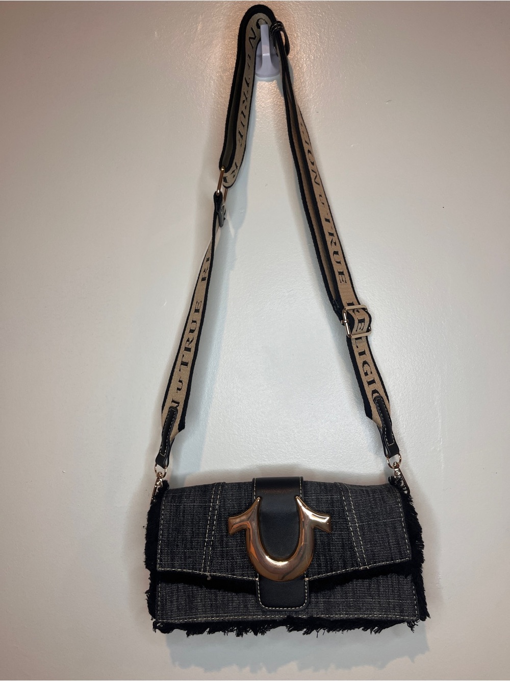 True Religion Frayed Denim Flap Crossbody Bag. - Picture 8 of 12